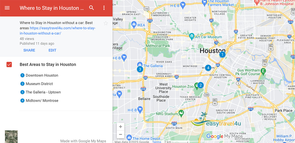 Map best areas to stay in Houston without a car