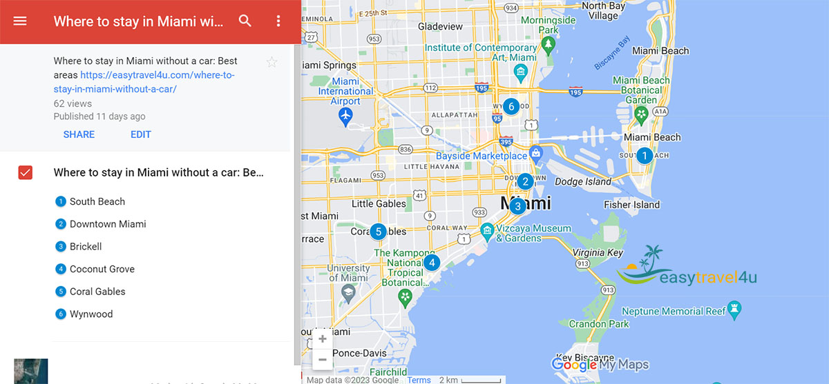 Map of 6 Best areas to stay in Miami without a car