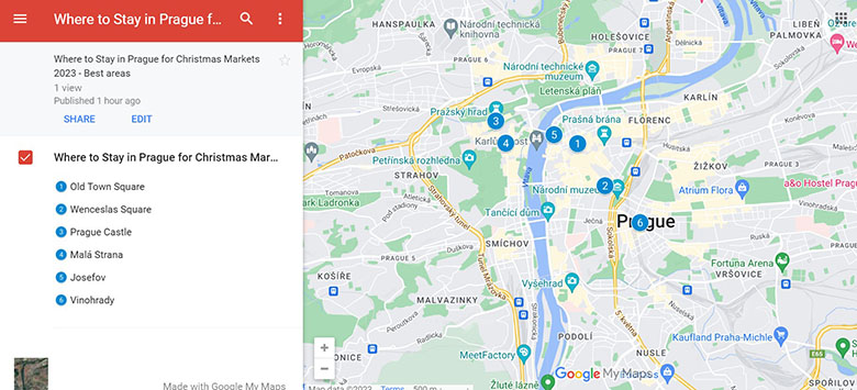 Map of the best areas to stay in Prague for Christmas markets