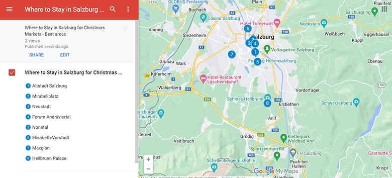 Map of  Best areas to Stay in Salzburg for Christmas Markets  