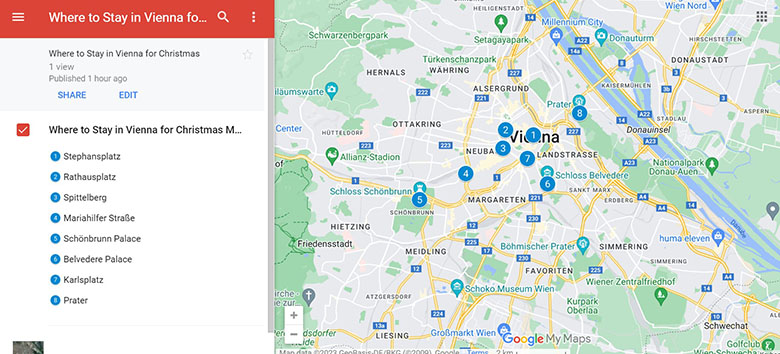 Map of the best areas to Stay in Vienna for Christmas Markets
