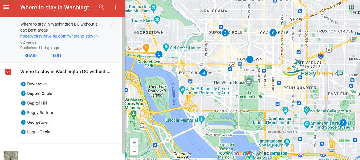 Map of best areas to stay in washington dc without a car