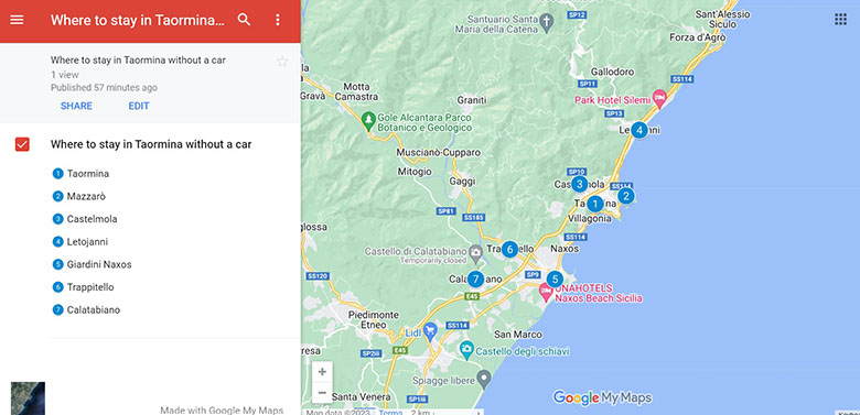 Map of the best areas to stay in Taormina without a car
