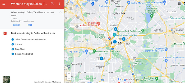Map of the best areas to stay in Dallas without a car