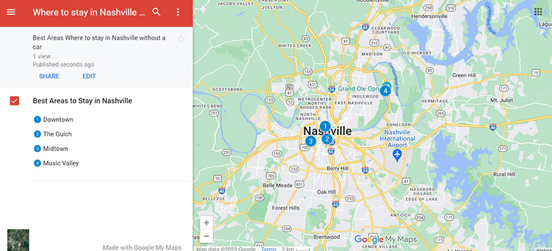 Map of best areas to stay in Nashville without a car