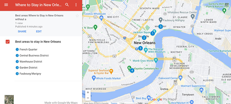 Map of best areas to stay in New Orleans without a car