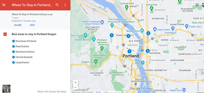 Map of areas to stay in Portland without a car