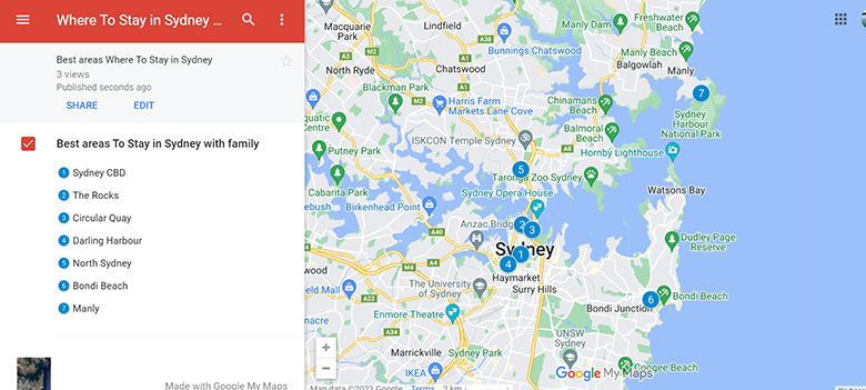 Map of the best areas to stay in Sydney with family
