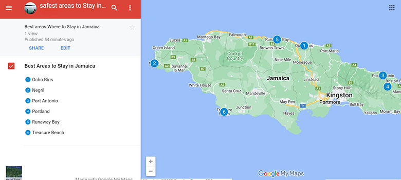 Map of Safest Areas to stay in Jamaica 