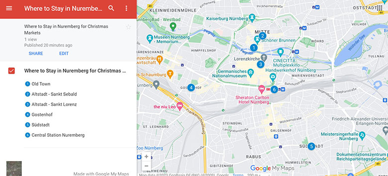 Map of the best areas to stay in Nuremberg for Christmas Markets