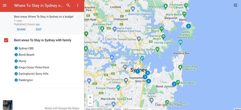 Map of best areas to stay in Sydney on a budget