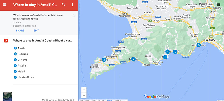 Map of Best areas to stay in Amalfi Coast without a car