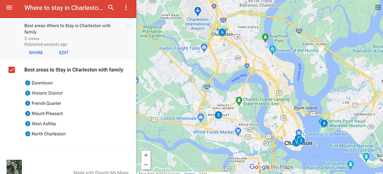 Map of Best areas Where to stay in Charleston with family