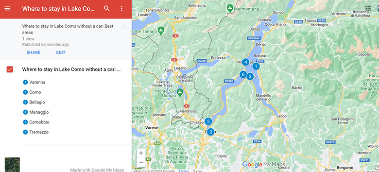 Map of 6 Best areas to stay in Lake Como without a car