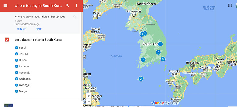 Map of the best places to stay in South Korea
