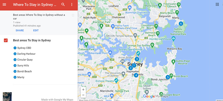 Map of best areas to stay in Sydney without a car