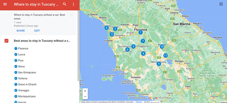 Map of Where to stay in Tuscany without a car - Best areas