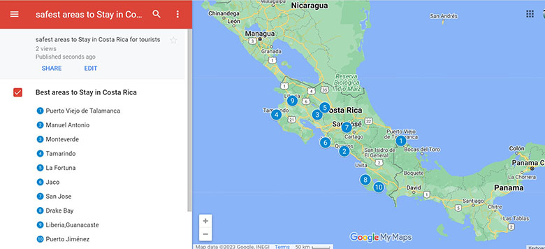 Map of the Safest Areas to stay in Costa Rica 