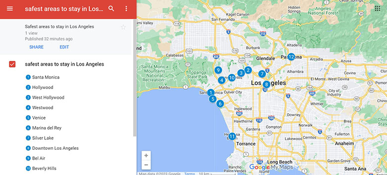Map of Safest Areas to stay in Los Angeles for tourists