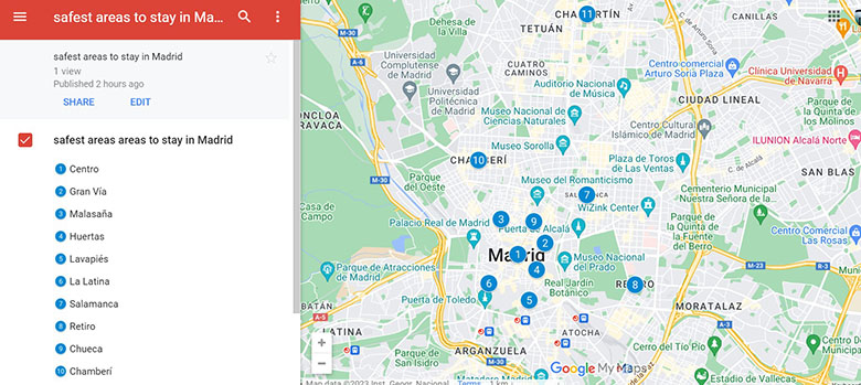 Map of Safest Areas to stay in Madrid for tourists