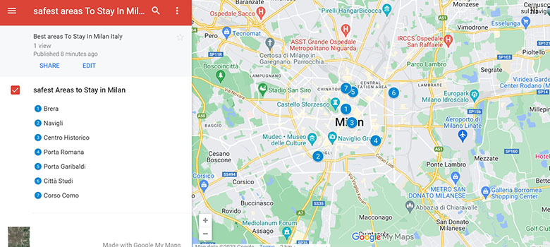 Map of Safest Areas to stay in Milan for tourists